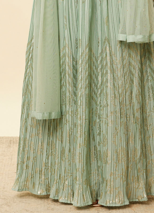 Sea Green Foil Print Sequin Work Skirt Top Set image number 3